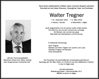 Traueranzeige von Walter Tregner von Wetterauer Zeitung, Bad Vilbel/Karben