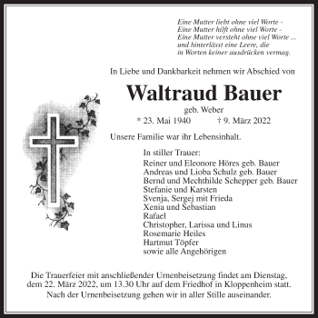 Traueranzeige von Waltraud Bauer von Wetterauer Zeitung