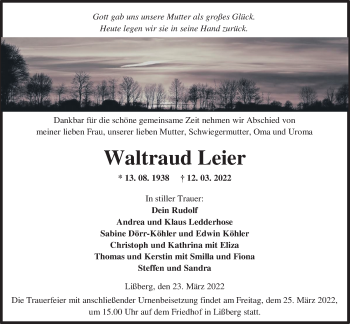 Traueranzeige von Waltraud Leier von Kreis-Anzeiger