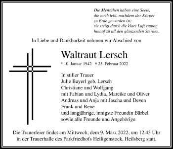 Traueranzeige von Waltraud Lersch von Bad Vilbel/Karben