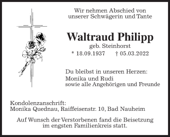 Traueranzeige von Waltraud Philipp von Wetterauer Zeitung