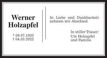 Traueranzeige von Werner Holzapfel von Wetterauer Zeitung