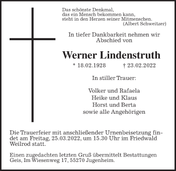 Traueranzeige von Werner Lindenstruth 