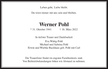 Traueranzeige von Werner Pohl von Wetterauer Zeitung, Giessener Anzeiger
