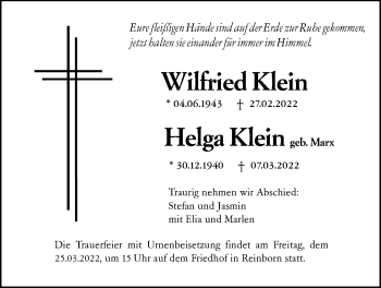 Traueranzeige von Wilfried Klein 