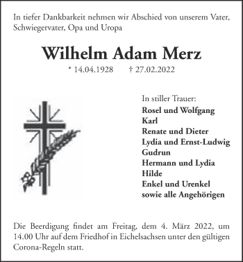 Traueranzeige von Wilhelm Adam Merz von Kreis-Anzeiger