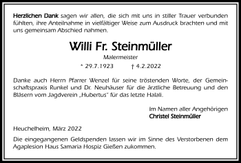 Traueranzeige von Willi Steinmüller von Giessener Allgemeine, Alsfelder Allgemeine, Giessener Anzeiger