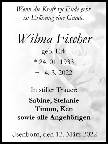Traueranzeige von Wilma Fischer von Kreis-Anzeiger