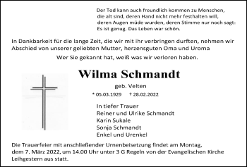 Traueranzeige von Wilma Schmandt von Giessener Allgemeine, Alsfelder Allgemeine, Giessener Anzeiger