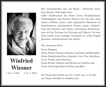 Traueranzeige von Winfried Wiesner von Giessener Allgemeine, Alsfelder Allgemeine, Giessener Anzeiger
