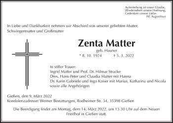 Traueranzeige von Zenta Matter von Giessener Allgemeine, Alsfelder Allgemeine, Giessener Anzeiger