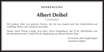 Traueranzeige von Albert Deibel von Giessener Anzeiger, Giessener Allgemeine, Alsfelder Allgemeine