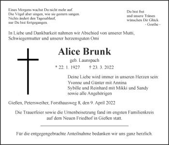 Traueranzeige von Alice Brunk von Giessener Allgemeine, Alsfelder Allgemeine