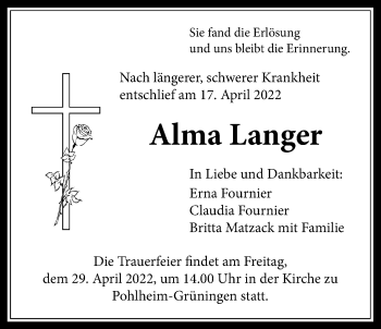 Traueranzeige von Alma Langer von Pohlheimer Nachrichten