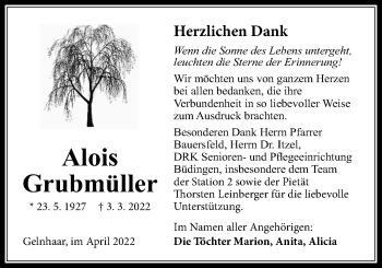 Traueranzeige von Alois Grubmüller von Kreis-Anzeiger
