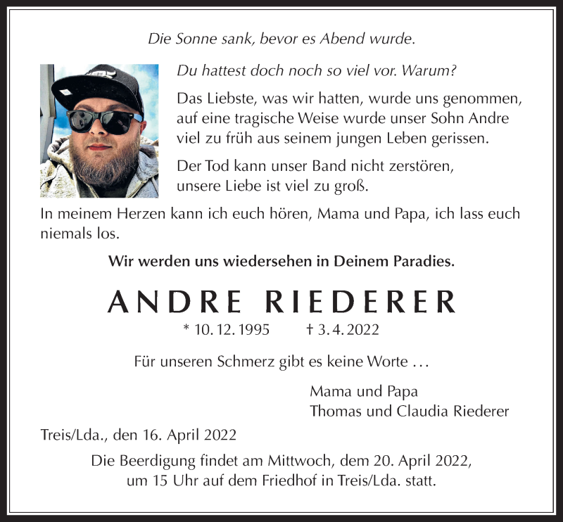  Traueranzeige für Andre Riederer vom 16.04.2022 aus Giessener Allgemeine, Alsfelder Allgemeine