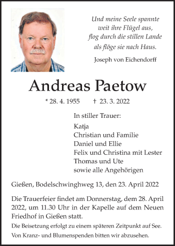 Traueranzeige von Andreas Paetow von Giessener Allgemeine, Alsfelder Allgemeine, Giessener Anzeiger