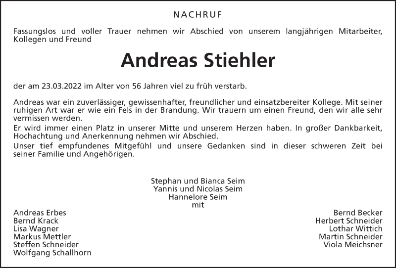  Traueranzeige für Andreas Stiehler vom 06.04.2022 aus Giessener Allgemeine, Alsfelder Allgemeine