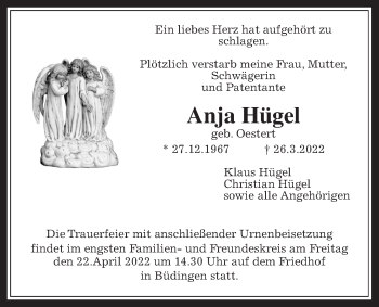 Traueranzeige von Anja Hügel von Kreis-Anzeiger