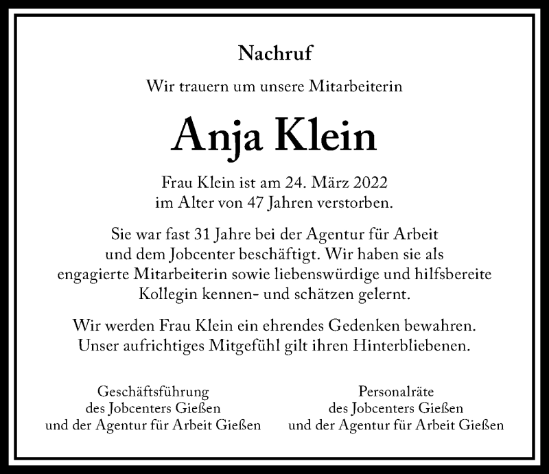  Traueranzeige für Anja Klein vom 09.04.2022 aus Giessener Anzeiger, Giessener Allgemeine, Alsfelder Allgemeine