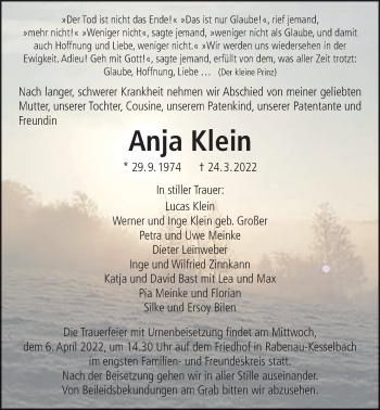Traueranzeige von Anja Klein von Giessener Allgemeine, Alsfelder Allgemeine, Giessener Anzeiger