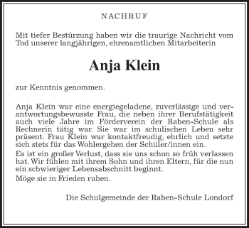 Traueranzeige von Anja Klein von Giessener Allgemeine, Alsfelder Allgemeine, Rabenauer Zeitung