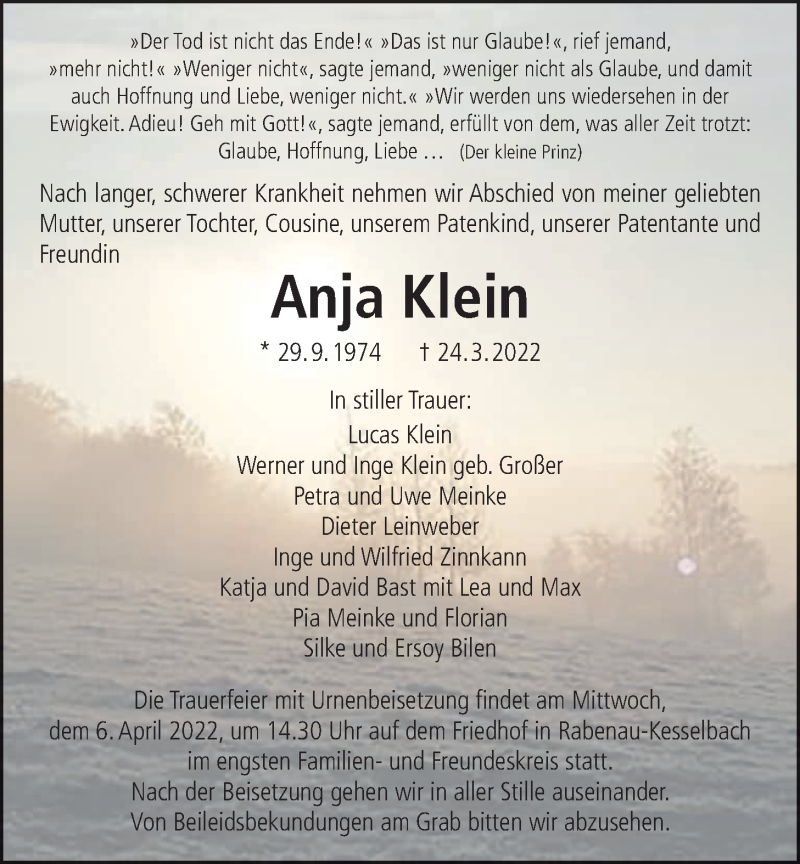  Traueranzeige für Anja Klein vom 02.04.2022 aus Giessener Allgemeine, Alsfelder Allgemeine, Giessener Anzeiger