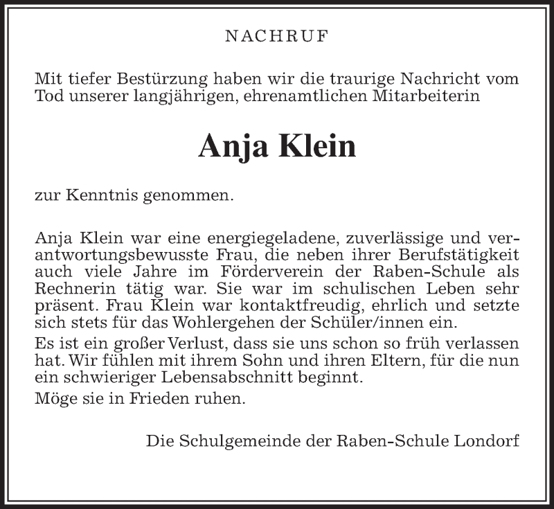  Traueranzeige für Anja Klein vom 14.04.2022 aus Giessener Allgemeine, Alsfelder Allgemeine, Rabenauer Zeitung