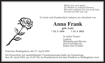 Traueranzeige von Anna Frank von Kreis-Anzeiger