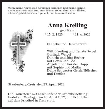 Traueranzeige von Anna Kreiling von Giessener Allgemeine, Alsfelder Allgemeine, Giessener Anzeiger