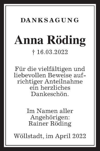 Traueranzeige von Anna Röding von Wetterauer Zeitung