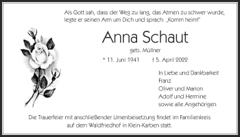 Traueranzeige von Anna Schaut von Bad Vilbel/Karben
