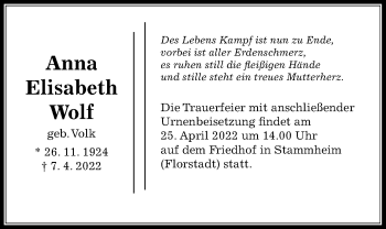 Traueranzeige von Anna Elisabeth Wolf von Wetterauer Zeitung