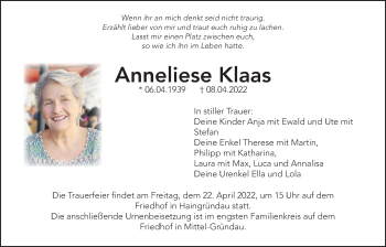 Traueranzeige von Anneliese Klaas von Kreis-Anzeiger