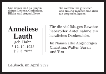 Traueranzeige von Anneliese Lauth von Laubacher Anzeiger
