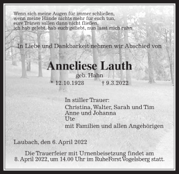 Traueranzeige von Anneliese Lauth von Laubacher Anzeiger