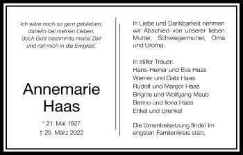 Traueranzeige von Annemarie Haas von Wetterauer Zeitung