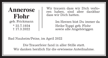 Traueranzeige von Annerose Flohr von Wetterauer Zeitung