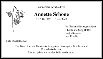 Traueranzeige von Annette Schöne von Licher Wochenblatt