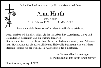 Traueranzeige von Anni Harth von Usinger Anzeiger