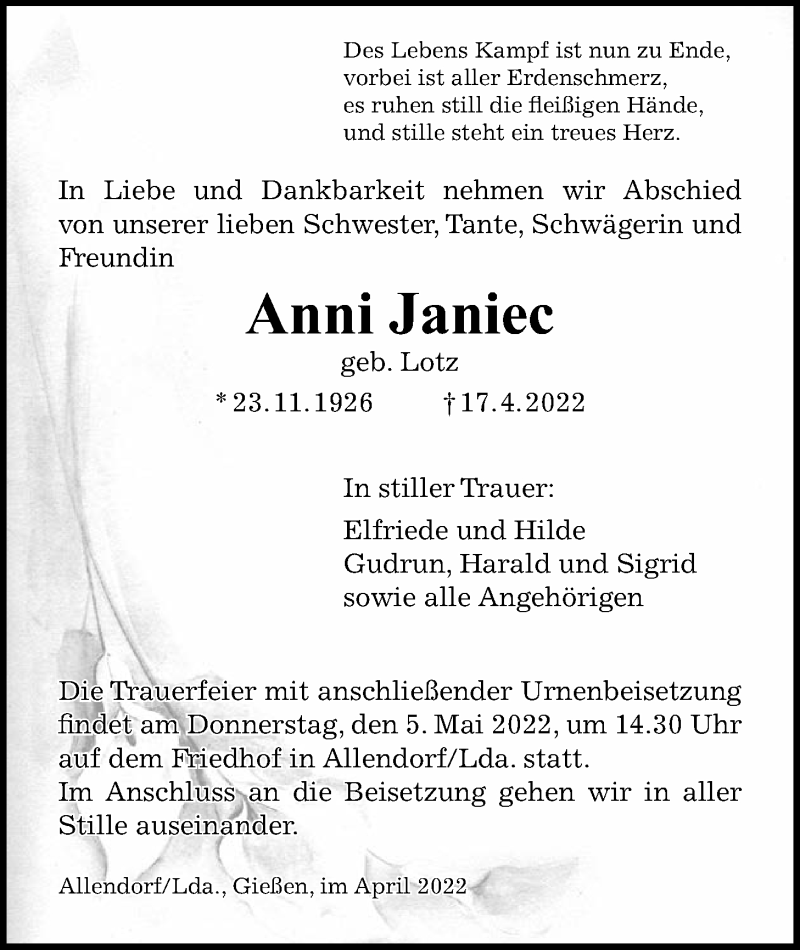  Traueranzeige für Anni Janiec vom 30.04.2022 aus Giessener Allgemeine, Alsfelder Allgemeine, Giessener Anzeiger