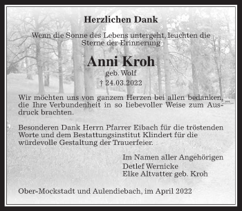 Traueranzeige von Anni Kroh von Wetterauer Zeitung, Kreis-Anzeiger