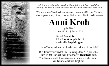 Traueranzeige von Anni Kroh von Kreis-Anzeiger