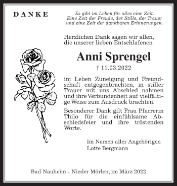 Traueranzeige von Anni Sprengel von Wetterauer Zeitung
