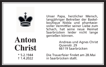 Traueranzeige von Anton Christ von Wetterauer Zeitung, Kreis-Anzeiger