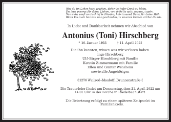 Traueranzeige von Antonius Hirschberg von Usinger Anzeiger