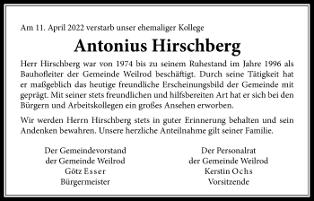 Traueranzeige von Antonius Hirschberg von Usinger Anzeiger