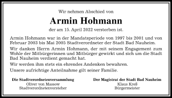Traueranzeige von Armin Hohmann von Wetterauer Zeitung