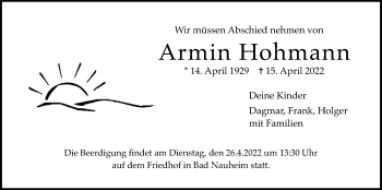 Traueranzeige von Armin Hohmann von Wetterauer Zeitung