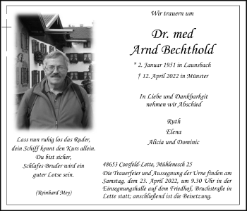 Traueranzeige von Arnd Bechthold von Giessener Allgemeine, Alsfelder Allgemeine